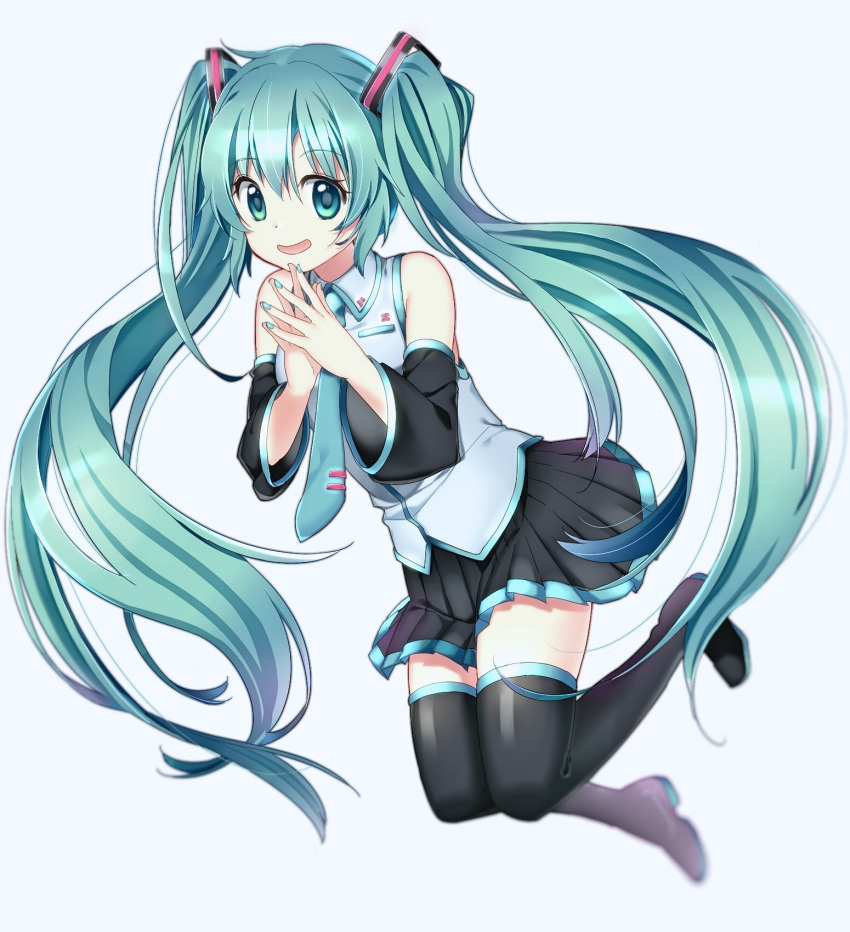 1girl, aqua_hair, bangs, boots, detached_sleeves, eyebrows_visible_through_hair, full_body, green_eyes