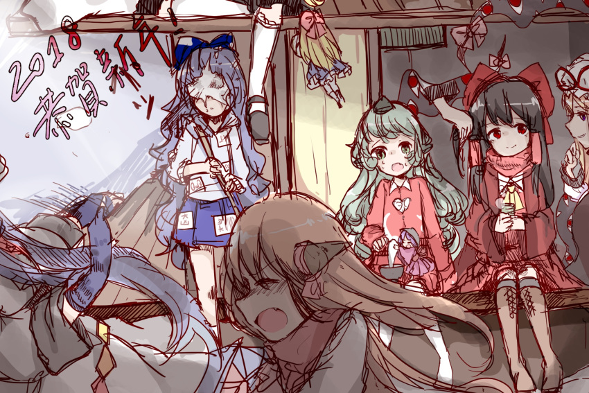 6+girls, black_footwear, black_hair, blonde_hair, blue_bow, blue_hair, blush, bow