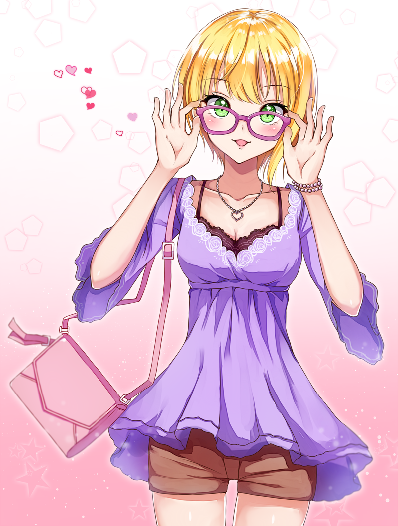 1girl, adjusting_eyewear, bag, bespectacled, black_bra, blonde_hair, blush, bra
