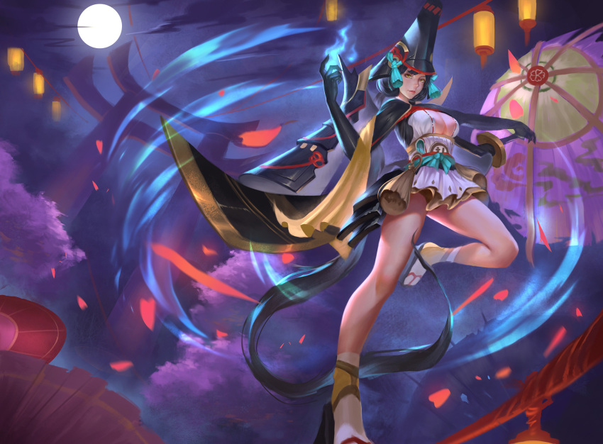 1girl, black_hair, breasts, cleavage, full_body, full_moon, god_hunter, hat