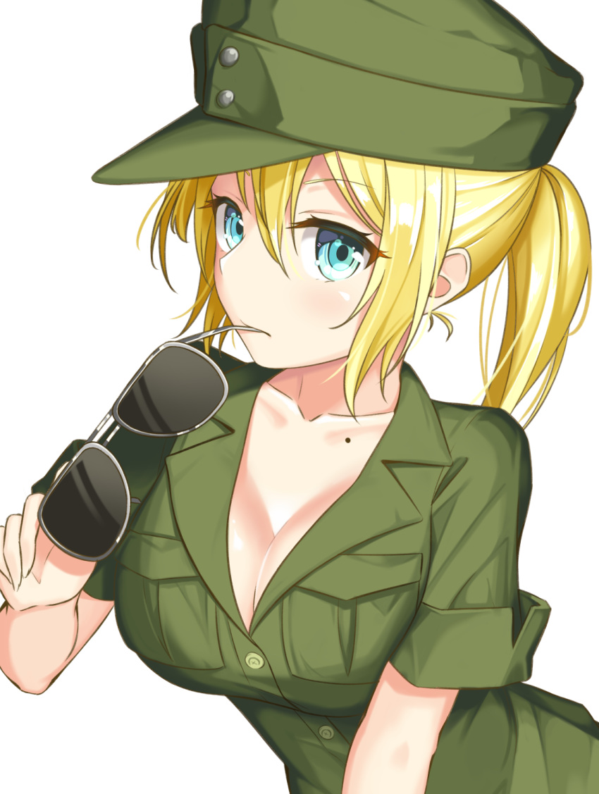 1girl, blonde_hair, blue_eyes, blush, breasts, cleavage, closed_mouth, eyebrows_visible_through_hair