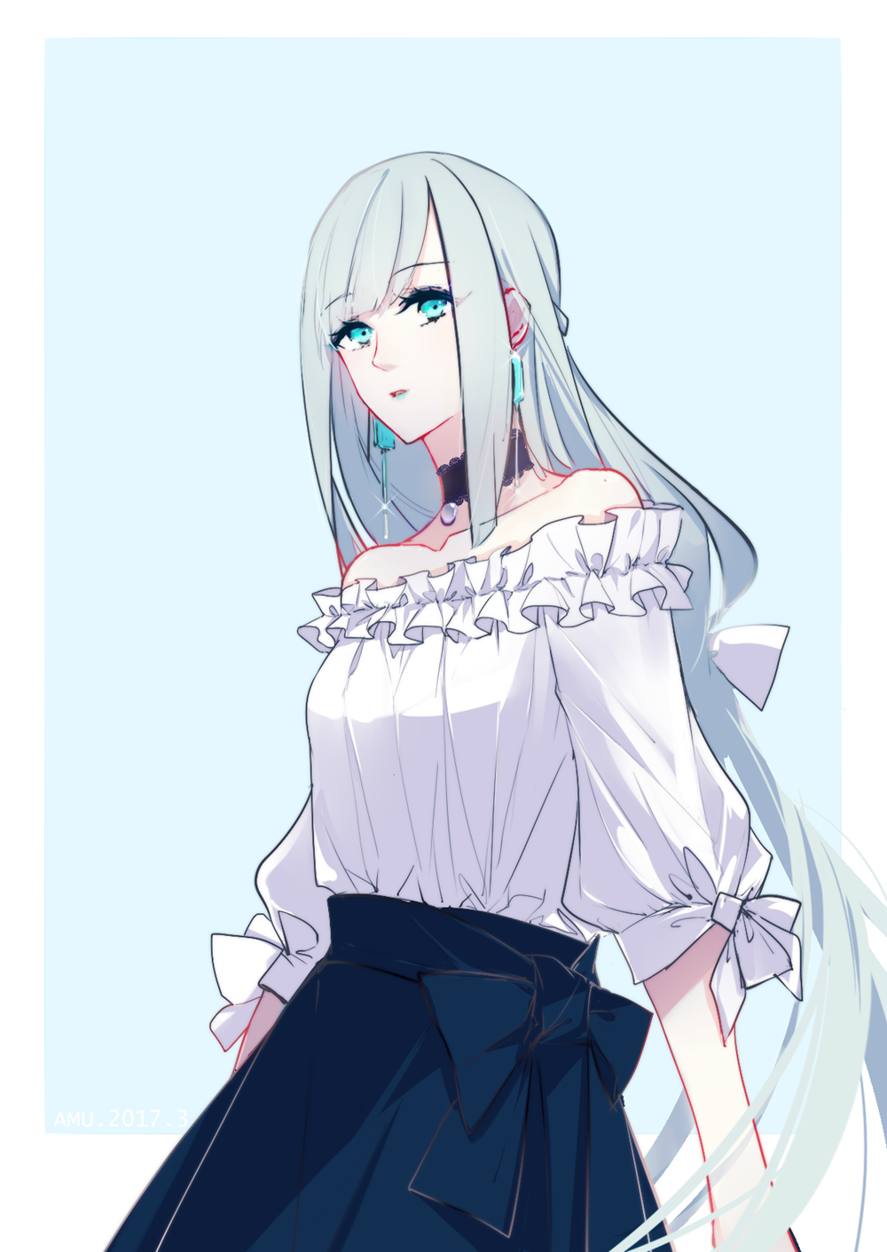 1girl, amu_(adslli0709), aoandon, bangs, bare_shoulders, black_skirt, blue_eyes, blue_lipstick, blue_nails, choker, collarbone, contemporary, earrings, eyebrows_visible_through_hair, frilled_shirt, frills, highres, jewelry, lipstick, long_hair, looking_at_viewer, makeup, nail_polish, off-shoulder_shirt, onmyoji, parted_lips, shirt, skirt, solo, very_long_hair, white_shirt