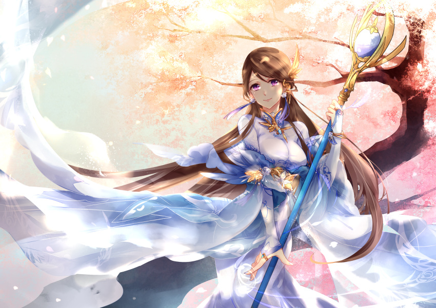 1girl, absurdres, amu_(adslli0709), breasts, bridal_gauntlets, brown_hair, character_request, copyright_request