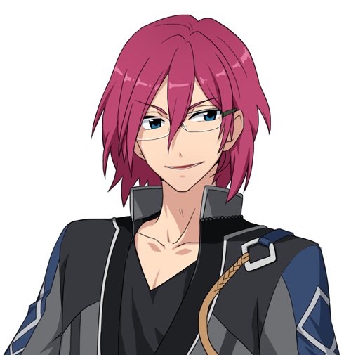 1boy, adam_(ensemble_stars!), blue_eyes, chibisaru, ensemble_stars!, glasses, jacket, redhead, saegusa_ibara, short_hair, sidelocks, smile, solo, upper_body