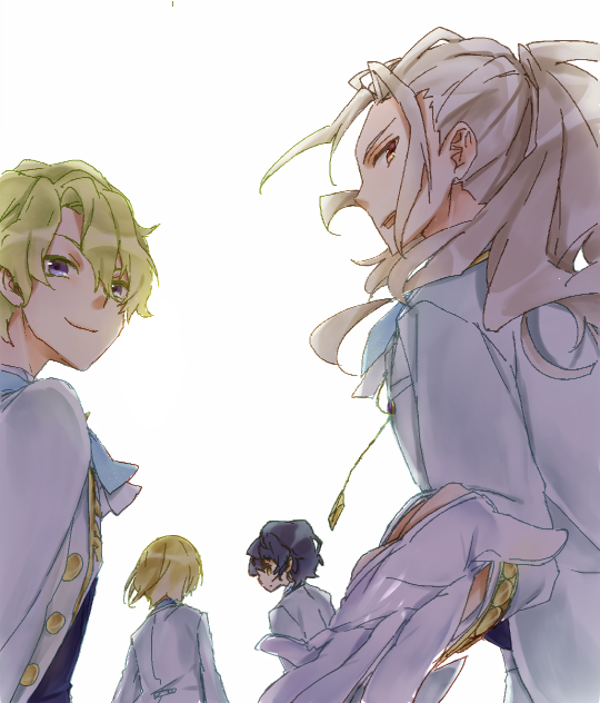 4boys, albino, aoba_tsumugi, bangs_pinned_back, blonde_hair, blue_eyes, blue_hair, ensemble_stars!