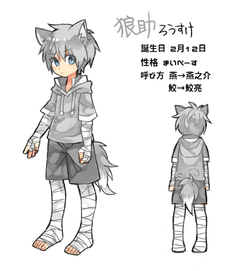 1boy, animal_ears, bandage, bandaged_arm, bandaged_leg, barefoot, blue_eyes, character_profile, character_sheet, drawstring, eyebrows_visible_through_hair, grey_hoodie, grey_shorts, highres, hood, hood_down, hoodie, male_focus, original, shorts, silver_hair, slit_pupils, touyama_(t3yama2), translated, wolf, wolf_ears