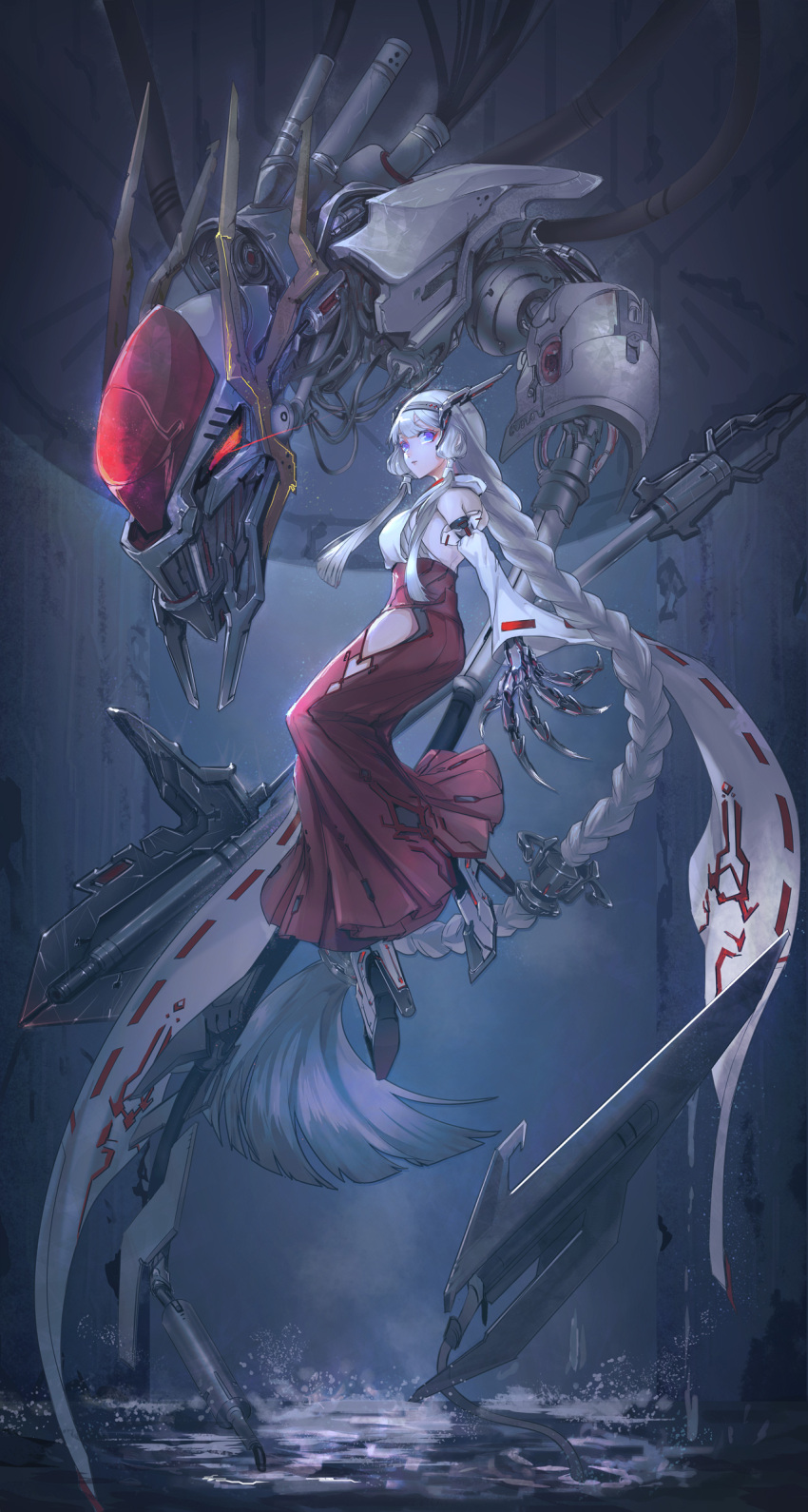 1girl, absurdly_long_hair, asukayou, blue_eyes, dress, full_body, highres, levitation, long_hair, low-tied_long_hair, mecha_musume, mechanical_arms, mechanical_hands, original, red_dress, sidelocks, solo, very_long_hair, white_hair