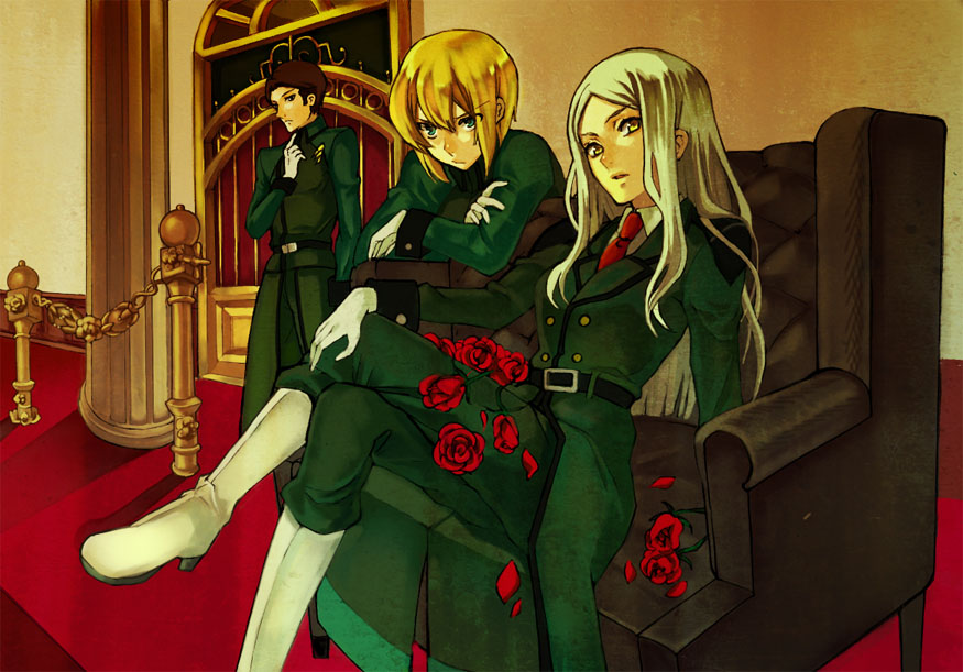 armchair, belt, blonde_hair, boots, brown_hair, crossed_legs, flower, gloves