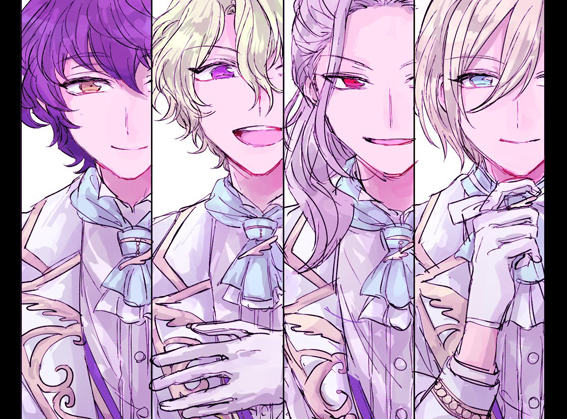 4boys, albino, aoba_tsumugi, bangs_pinned_back, blonde_hair, blue_eyes, blue_hair, brown_eyes, ensemble_stars!, epaulettes, fine_(ensemble_stars!), formal, gloves, jacket, long_hair, male_focus, multiple_boys, necktie, ponytail, ran_nagisa, red_eyes, short_hair, silver_hair, smile, spoilers, suit, tamakoo, tenshouin_eichi, tomoe_hiyori, wavy_hair, white_jacket, white_suit, younger