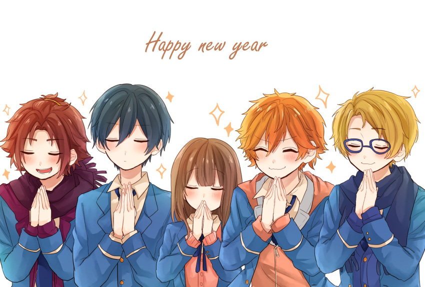 1girl, 4boys, akehoshi_subaru, anzu_(ensemble_stars!), bangs_pinned_back, black_hair, blazer, blonde_hair