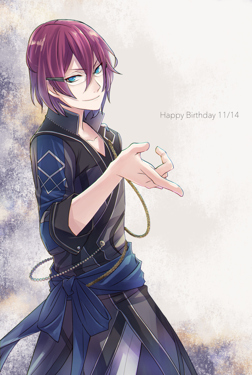 1boy, adam_(ensemble_stars!), blue_eyes, ensemble_stars!, glasses, highres, jacket, necktie, outstretched_arm, saegusa_ibara, short_hair, sidelocks, smile, solo