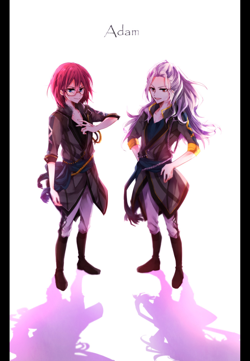 2boys, adam_(ensemble_stars!), albino, blue_eyes, ensemble_stars!, glasses, highres, jacket, long_hair, multiple_boys, necktie, ponytail, ran_nagisa, red_eyes, saegusa_ibara, short_hair, sidelocks, silver_hair, smile