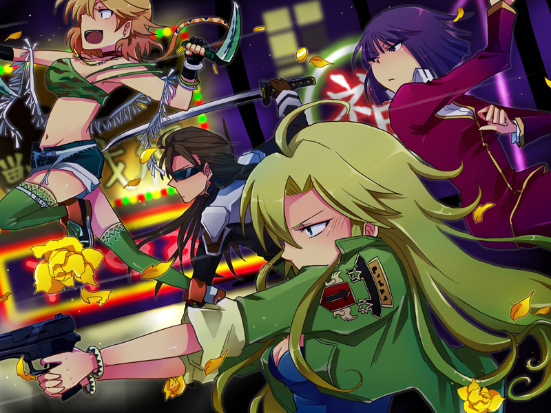1boy, annie_(saga_frontier), blonde_hair, breasts, brown_hair, cleavage, em_crazy, emilia_(saga_frontier), groin, katana, liza_(saga_frontier), long_hair, multiple_girls, purple_hair, roufas, saga, saga_frontier, short_hair, sickle, smile, sword, weapon
