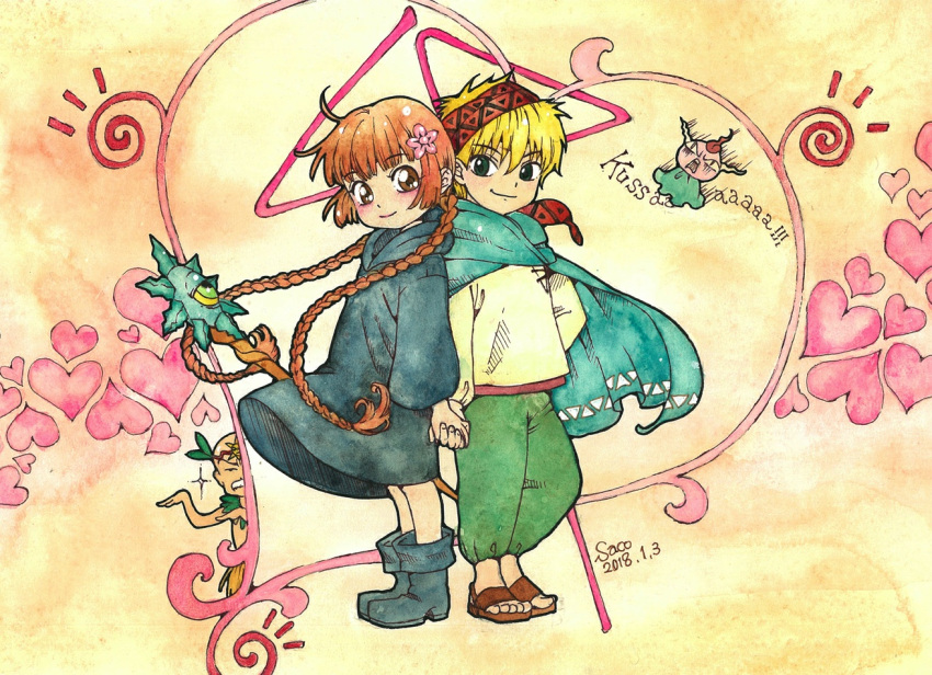 1girl, 2boys, back-to-back, bald, black_footwear, blonde_hair, blue_cape, blush