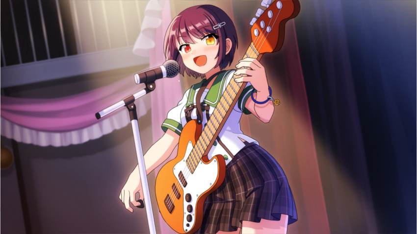 1girl, black_hair, ensemble_girls!, ensemble_girls_(artist), guitar, hair_ornament, hairclip, heterochromia