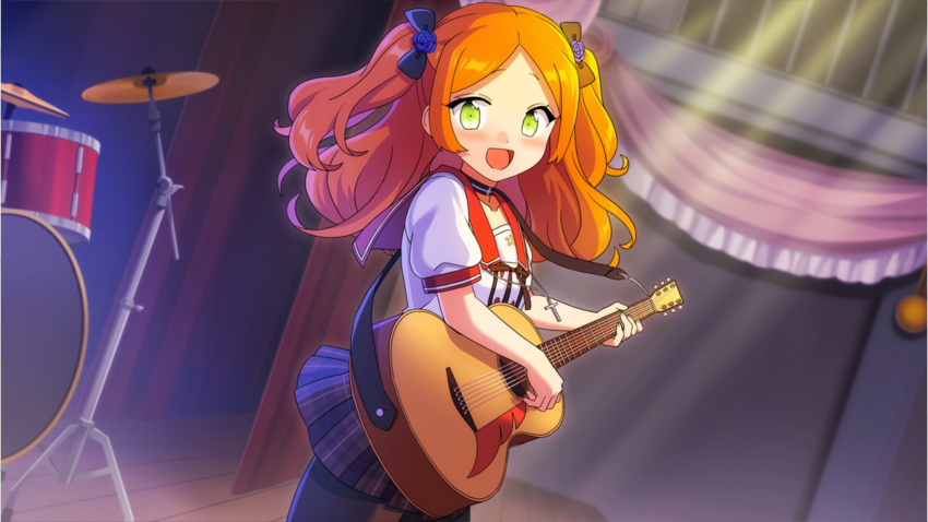 1girl, choker, ensemble_girls!, ensemble_girls_(artist), green_eyes, guitar, highres, instrument