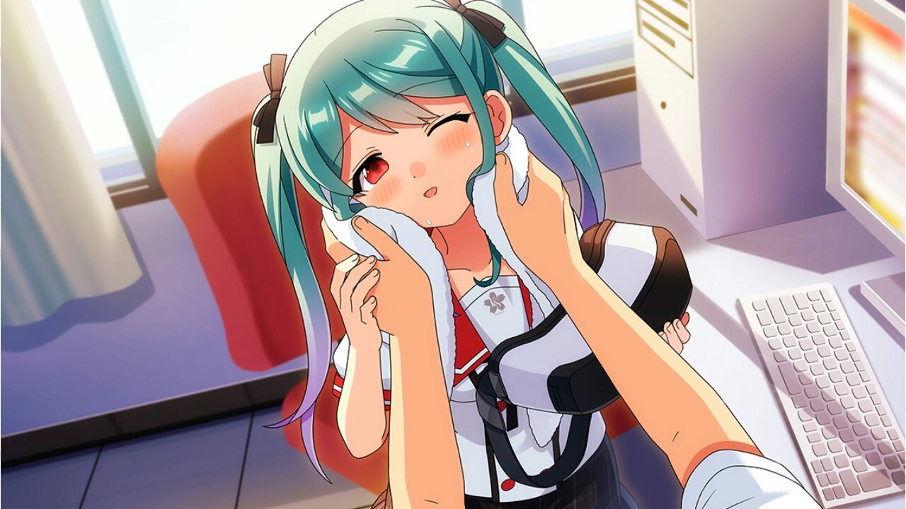 1boy, 1girl, bangs, blush, ensemble_girls!, ensemble_girls_(artist), green_hair, kimisaki_school_uniform