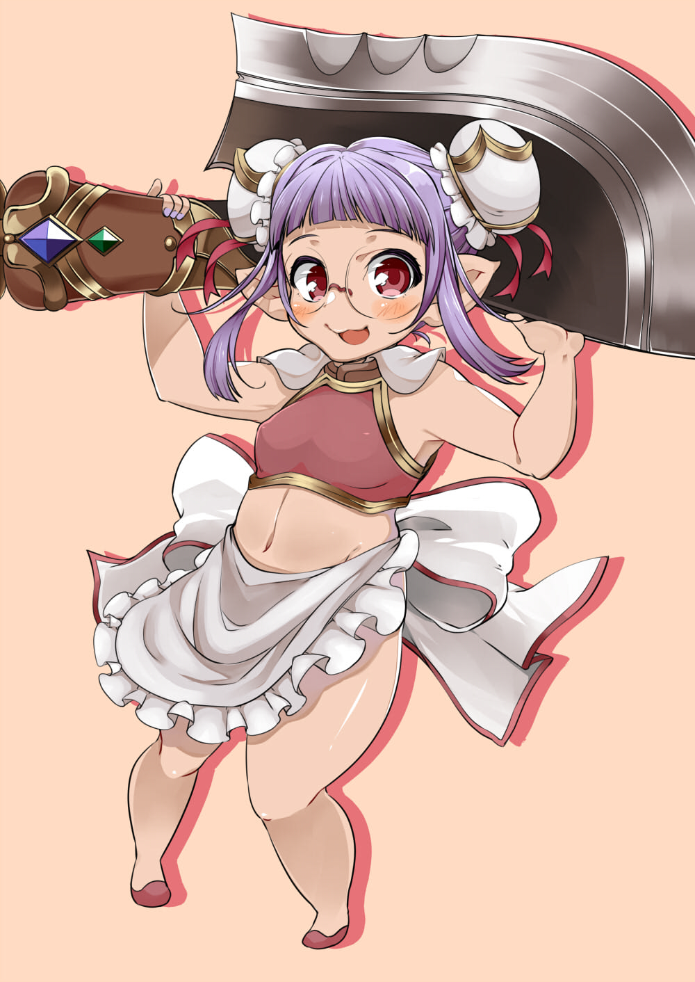 1girl, apron, blush, double_bun, elmelaura, firo, gem, glasses, granblue_fantasy, harbin, highres, knife, midriff, nail_polish, navel, open_mouth, orange_background, pointy_ears, purple_hair, red_eyes, simple_background, solo
