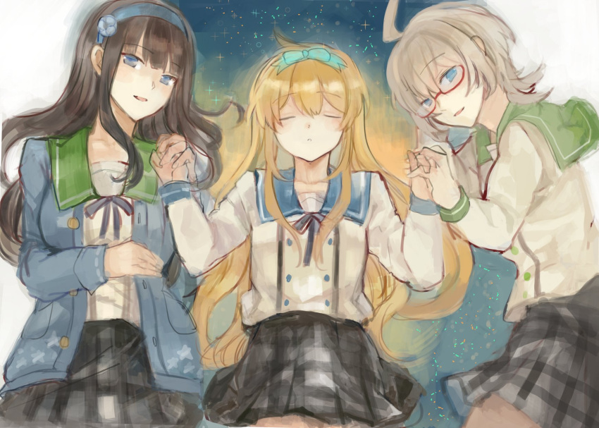 3girls, amamiya_ruri, bangs, black_hair, blonde_hair, blue_eyes, blunt_bangs, bow