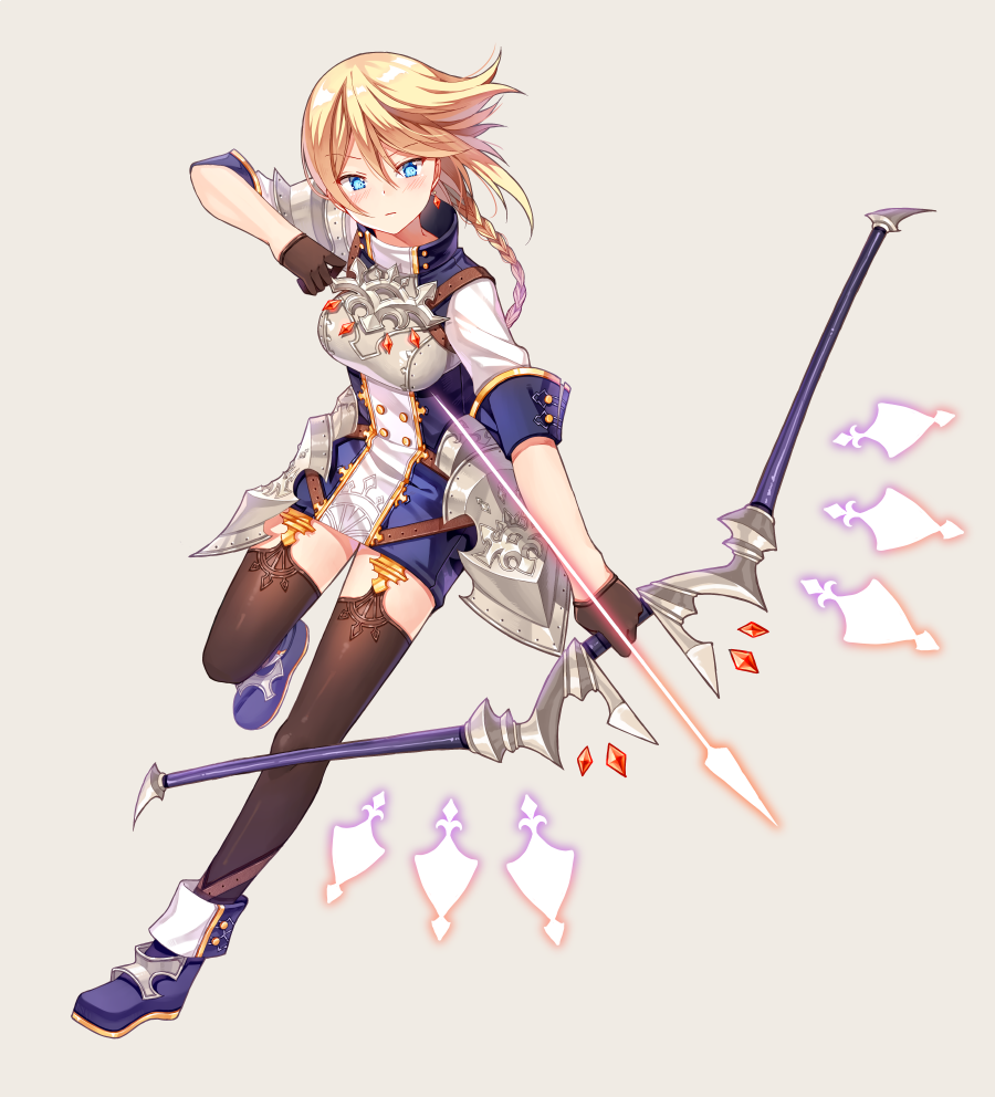 1girl, ankle_boots, armor, arrow, bangs, blue_footwear, boots, bow_(weapon), braid, breastplate, breasts, brown_gloves, brown_legwear, closed_mouth, diten, earrings, faulds, full_body, garter_straps, gloves, glowing, glowing_arrow, grey_background, hair_between_eyes, holding, holding_bow_(weapon), holding_weapon, jewelry, long_hair, looking_at_viewer, medium_breasts, one_leg_raised, original, serious, shiny, shiny_hair, simple_background, single_braid, sleeve_cuffs, sleeves_past_elbows, solo, uniform, v-shaped_eyebrows, weapon
