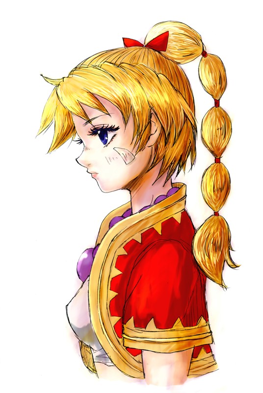 1girl, blonde_hair, blue_eyes, braid, breasts, chrono_cross, commentary_request, facial_mark