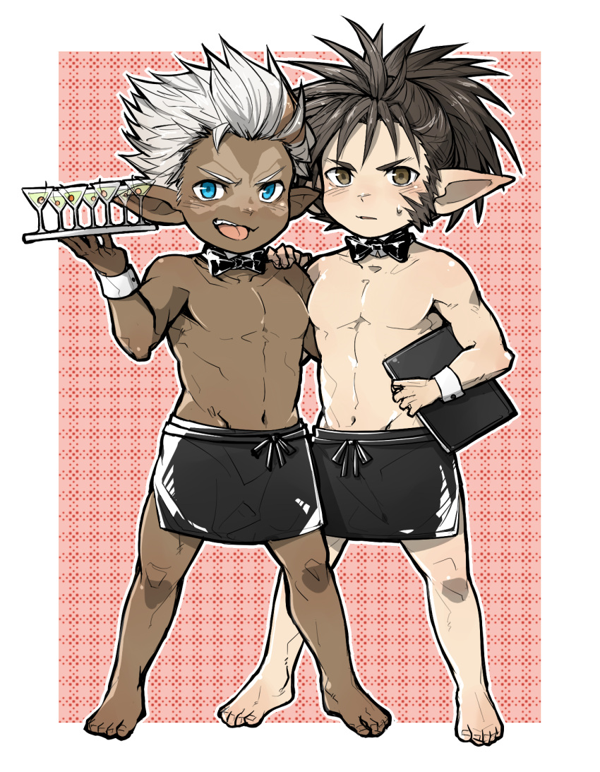 2boys, abs, barefoot, blue_eyes, blush, bow, bowtie, brown_hair
