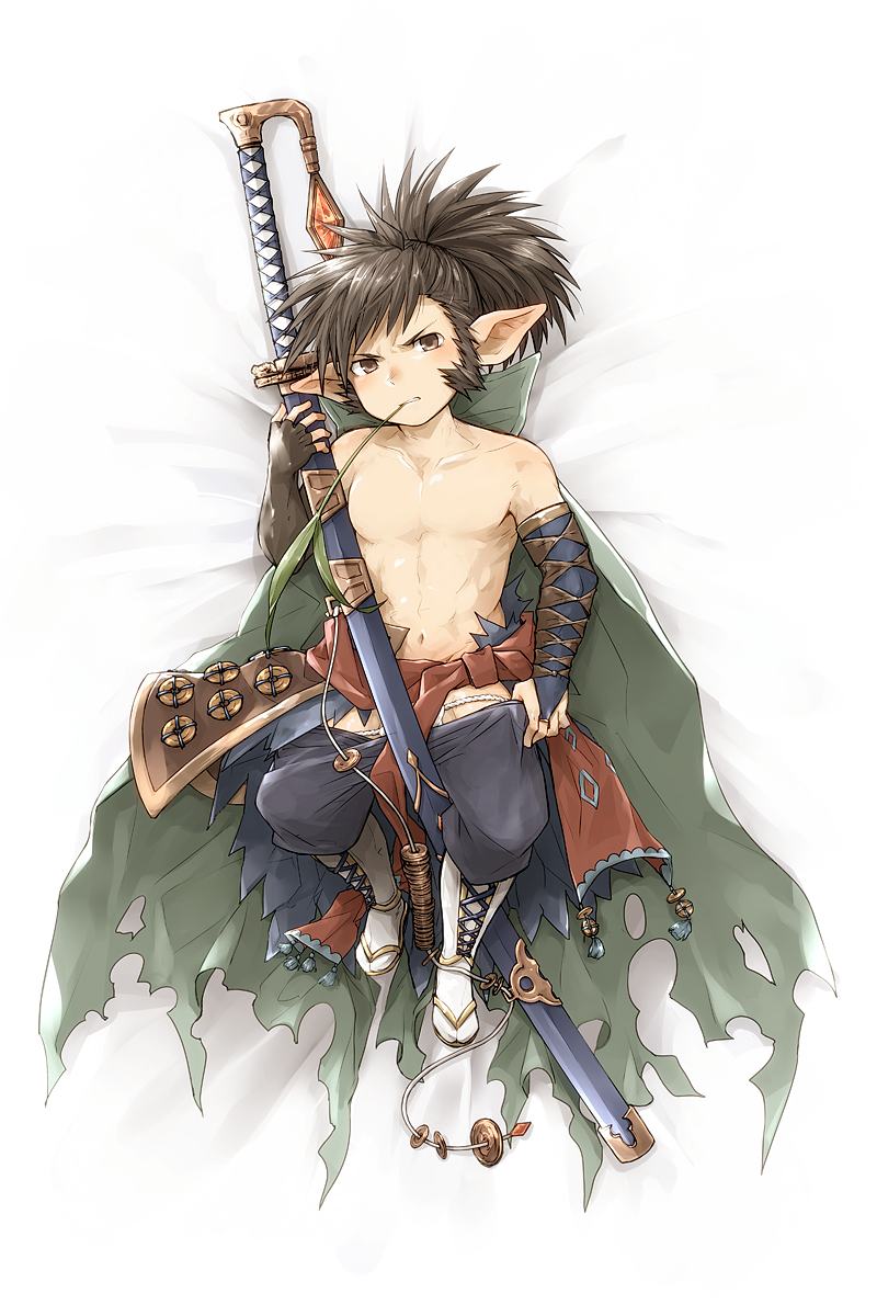 1boy, brown_eyes, brown_hair, cape, fingerless_gloves, fundoshi, gloves, granblue_fantasy