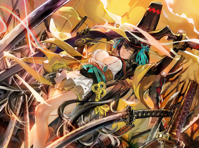 1girl, armor, black_gloves, black_hair, breasts, center_opening, dutch_angle, erect_nipples