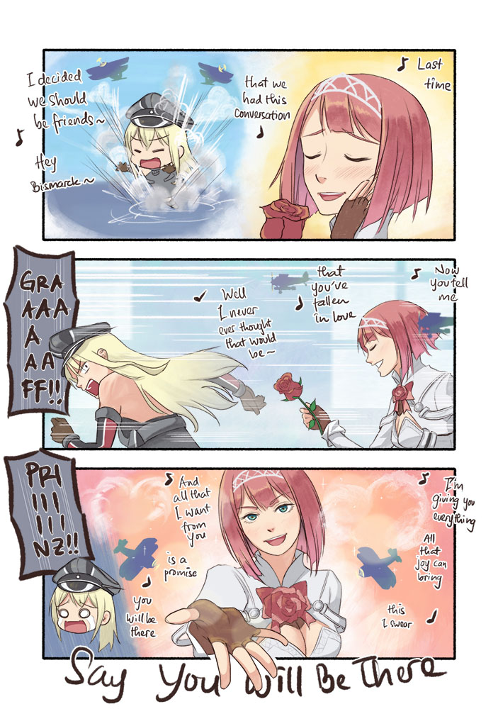 ark_royal_(kantai_collection), bismarck_(kantai_collection), bob_cut, braid, brown_gloves, cleavage_cutout, comic, commentary