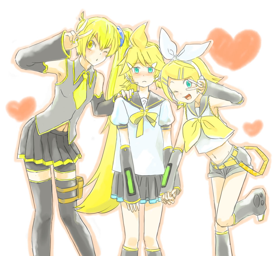 blonde_hair, crossdressing, crossdressinging, detached_sleeves, green_eyes, kagamine_len, kagamine_rin, long_hair