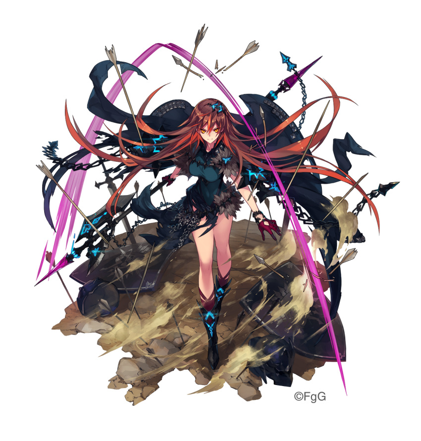 armor, armored_boots, arrow, axe, battlefield, boots, breasts, broken_arrow, cape, cape_billowing, chains, company_name, covered_navel, dare_ga_tame_no_alchemist, full_body, fur_trim, gloves, glowing_markings, ground, hair_blowing, helmet, highres, holding, holding_weapon, long_hair, looking_at_viewer, medium_breasts, official_art, parrying, polearm, poleaxe, redhead, shield, smile, sword, theresa_(dare_ga_tame_no_alchemist), torn_clothes, weapon, yellow_eyes