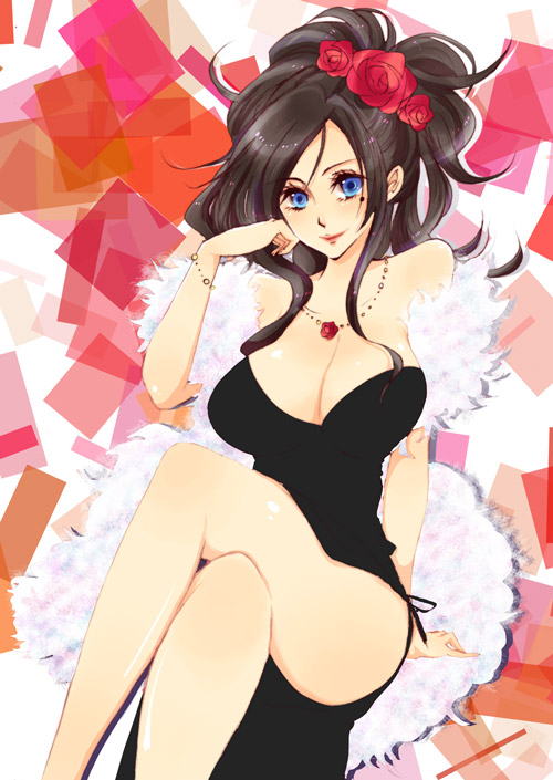 blue_eyes, boa, breasts, cleavage, crossed_legs, deborah, dragon_quest, dragon_quest_v