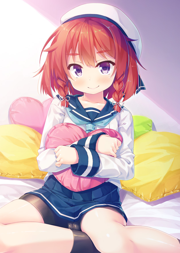 1girl, bed, beret, bike_shorts, braid, collarbone, etorofu_(kantai_collection), hat