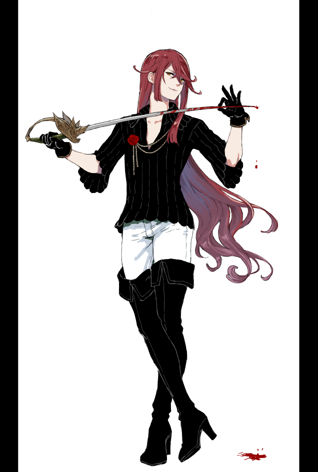 1boy, aoidos, blood, boots, flower, full_body, gloves, granblue_fantasy