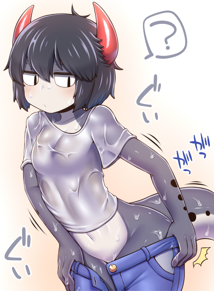 /\/\/\, 1girl, :/, ?, black_hair, commentary, denim, dressing, grey_skin, hair_between_eyes, highres, horns, jeans, jitome, monster_girl, multicolored, multicolored_skin, navel, no_panties, original, pants, rantana_(lalalalackluster), shirt, short_hair, simple_background, solo, spoken_question_mark, t-shirt, tail, unbuttoned, water_drop, wet, wet_clothes, wet_shirt, wet_t-shirt, white_background, white_skin