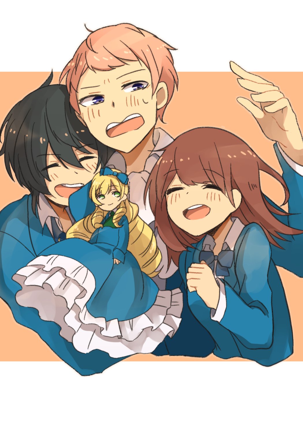 1girl, 2boys, anzu_(ensemble_stars!), black_hair, blazer, closed_eyes, doll, ensemble_stars!, frilled_necktie, heterochromia, highres, hyaku_(pixiv_1804749), itsuki_shu, jacket, kagehira_mika, long_hair, mademoiselle_(ensemble_stars!), multiple_boys, necktie, pink_hair, school_uniform, short_hair, smile, violet_eyes, yumenosaki_school_uniform