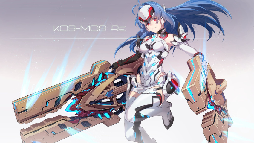 1girl, android, bare_shoulders, black_gloves, blue_hair, breasts, elbow_gloves, expressionless
