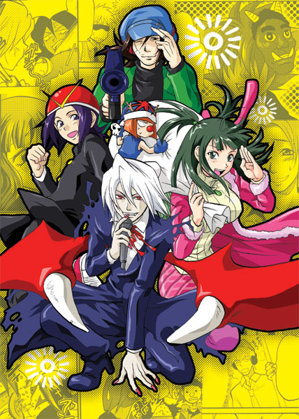 ash_(pop'n_music), bag, bemani, black_eyes, brown_hair, chibi, coat, dave, dto, green_eyes, green_hair, gun, hayato_(pop'n_music), helmet, male, microphone, mr._kk, orange_hair, pop'n_music, purple_hair, tsurara_(pop'n_music), white_hair, yuli, yuzuki-n