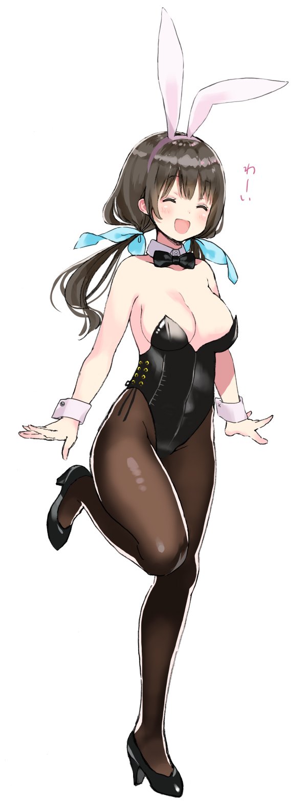1girl, animal_ears, black_hair, black_legwear, black_leotard, bow, bowtie, breasts