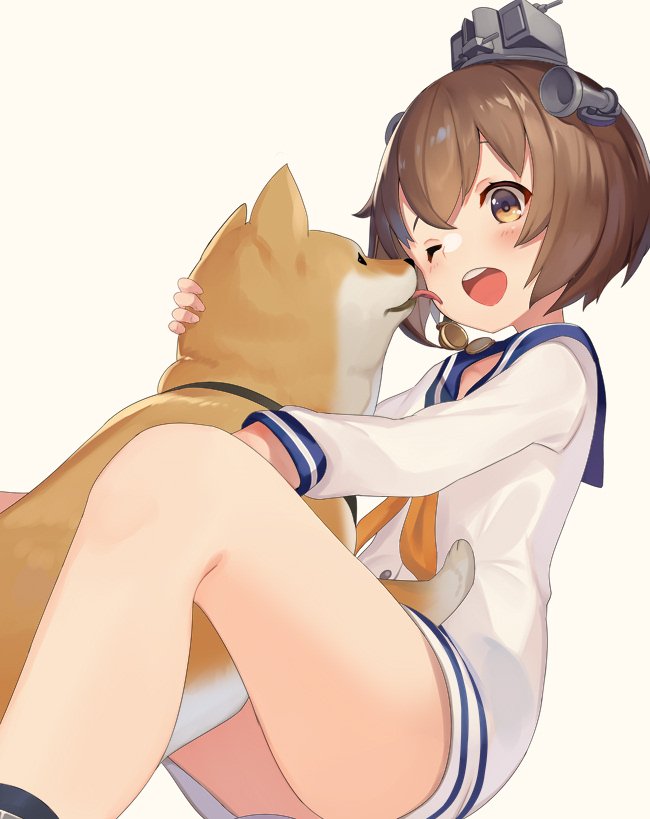 1girl, brown_eyes, brown_hair, dog, dress, happy, headgear, headset