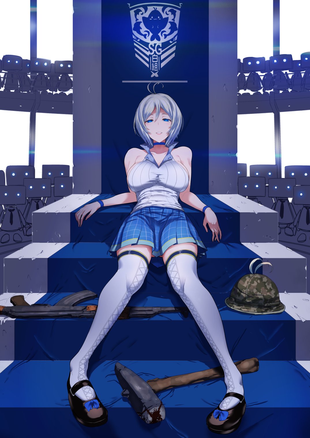 1girl, antenna_hair, bare_shoulders, blue_eyes, blue_skirt, blush, breasts, chair