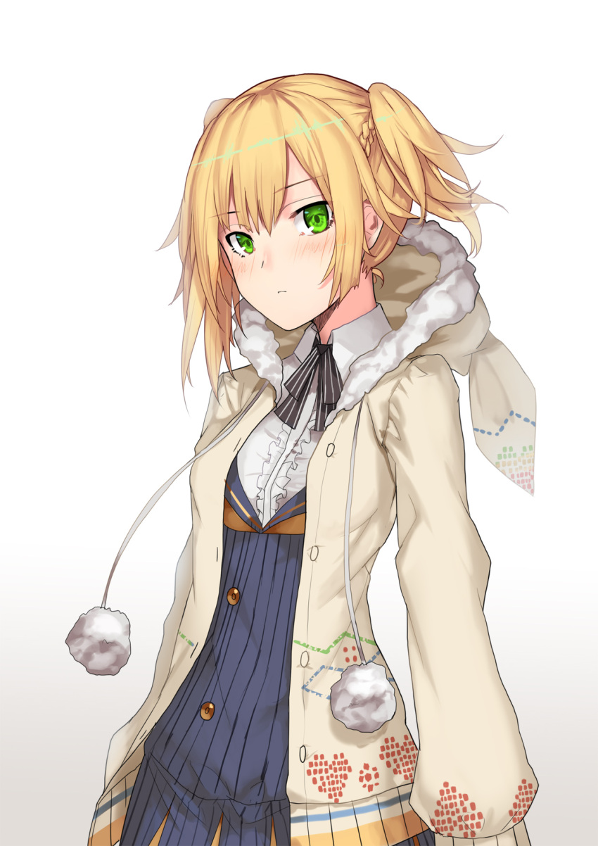1girl, alternate_costume, argyle, argyle_legwear, asymmetrical_hair, bangs, blonde_hair, blue_skirt