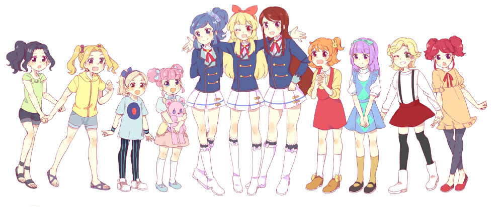 6+girls, :d, :o, aikatsu!, amahane_madoka, black_hair, blonde_hair, blue_eyes