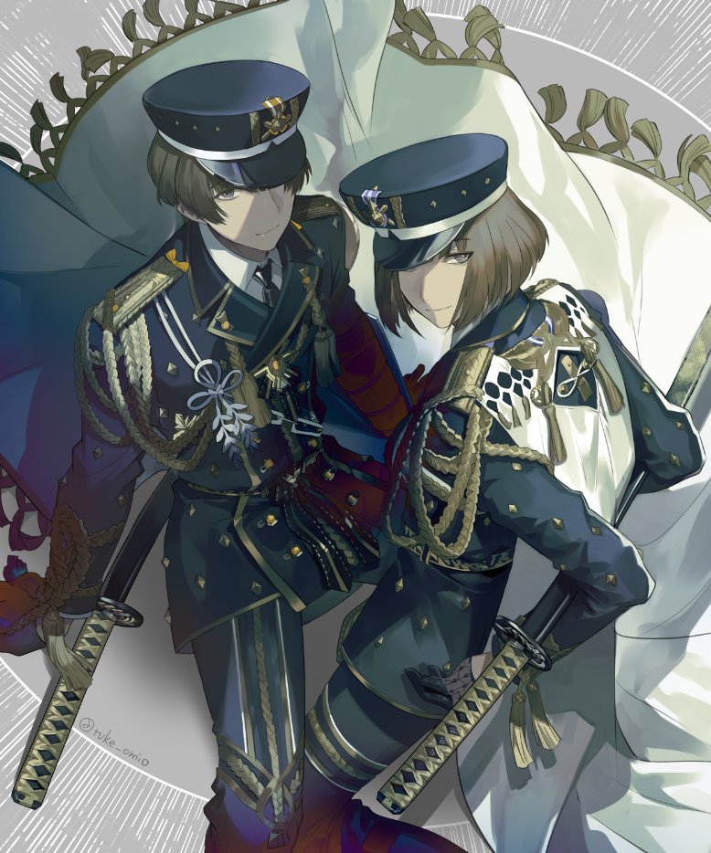 2boys, brown_eyes, brown_hair, cape, hat, hirano_toushirou, looking_at_viewer, looking_back