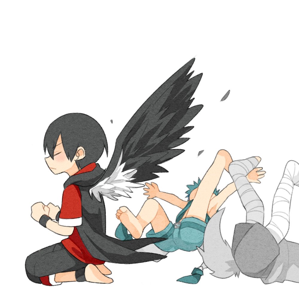 3boys, angel_wings, aqua_hair, aqua_hoodie, aqua_shorts, bandage, bandaged_arm, bandaged_leg