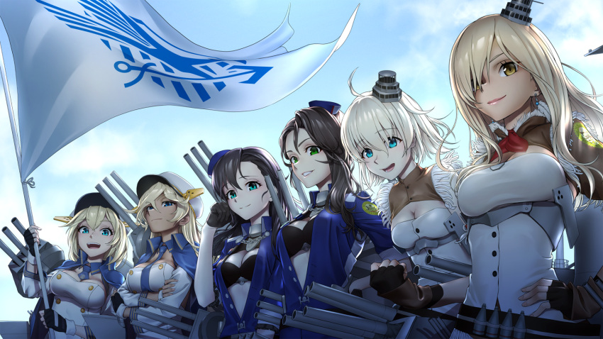 6+girls, ahoge, aqua_eyes, arizona_(azur_lane), azur_lane, bikini, bikini_top, bikini_under_clothes
