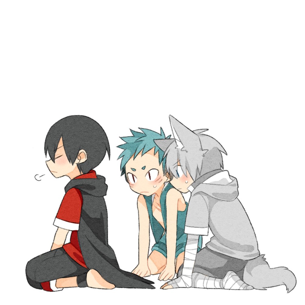 3boys, =3, animal_ears, aqua_hair, aqua_hoodie, aqua_shorts, bandage, bandaged_arm
