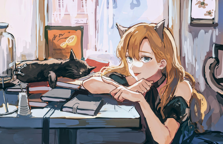 1girl, animal_ears, bangs, black_cat, black_choker, black_shirt, blush, book_stack