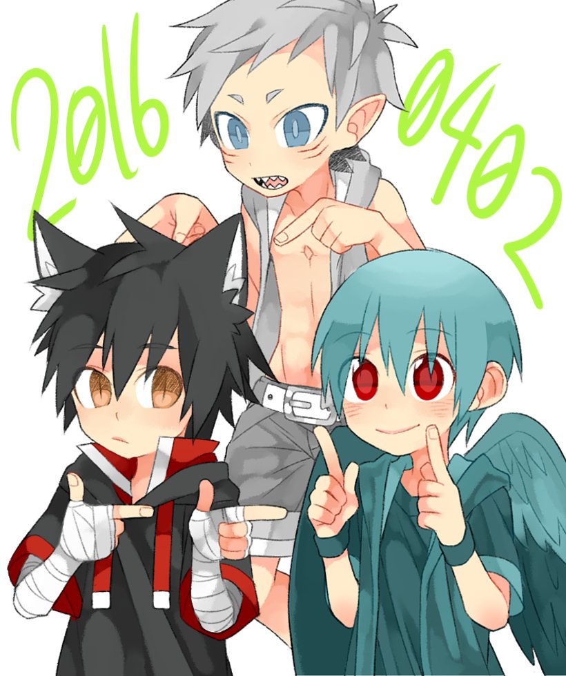 3boys, alternate_color, angel_wings, animal_ears, aqua_hair, aqua_shirt, aqua_wristband, bandage