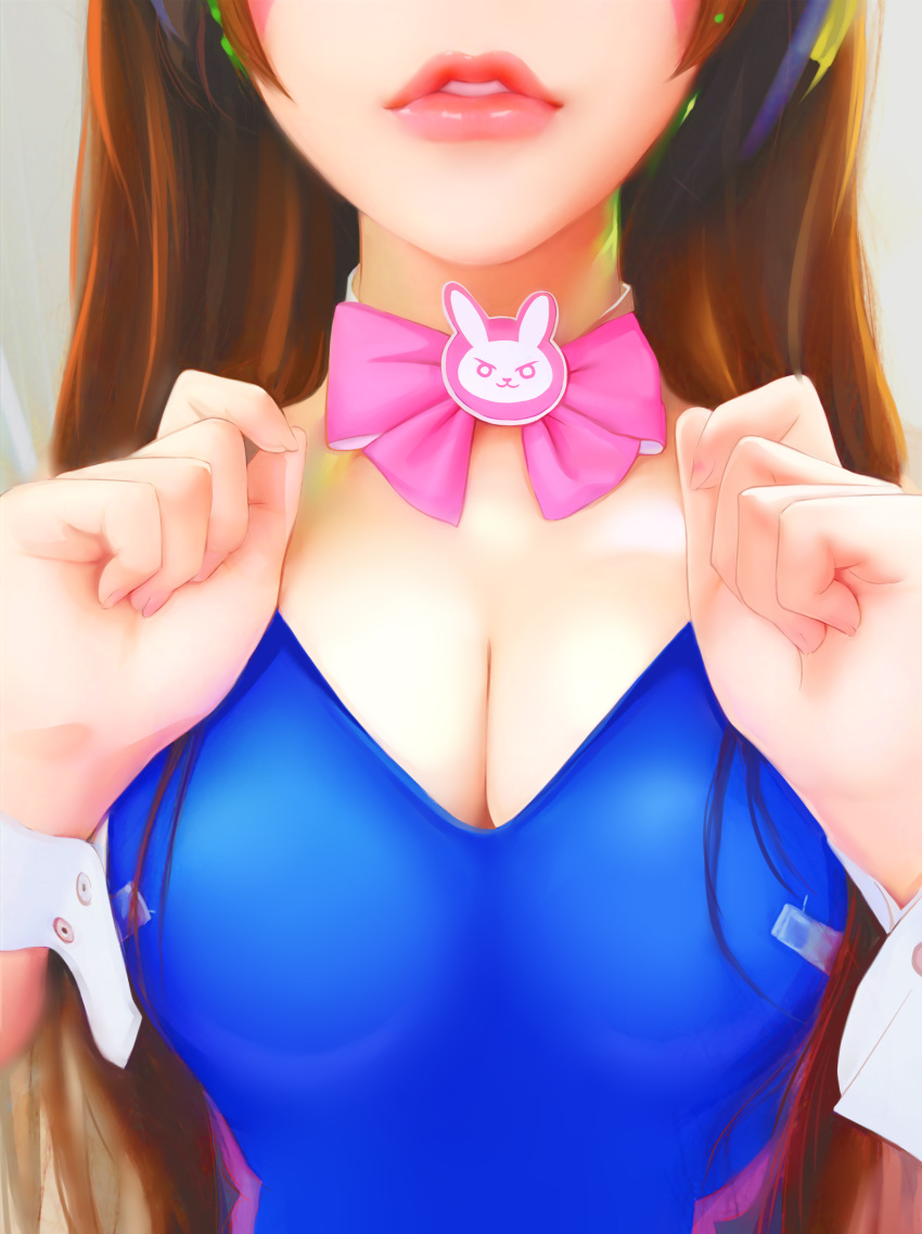 1girl, absurdres, adapted_costume, blue_leotard, bow, bowtie, breasts, brown_hair